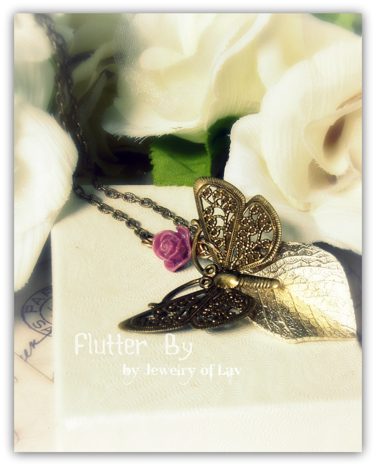 Flutter By necklace made with butterfly charm, Japan rose, gold leaf etc.