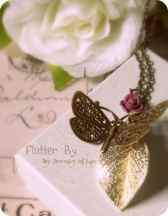 Flutter By necklace made with butterfly charm, Japan rose, gold leaf etc.