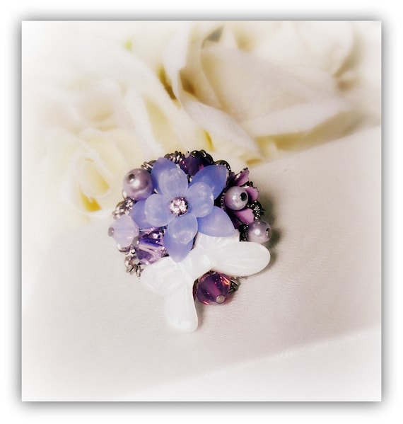 Purple Bouquet Ring made with vintage flowers, swarovski crystals, pearly ribbon, rhodium ring base etc.