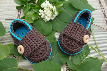 Baby booties  little loafers dark turquoise and chocolate size 3/6M- ready to ship with gift box