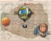 Le Balloons Over Paris French Vintage Map Collage - Upcycled DIY craft supplies art print paper supplies image transfer- U Print 300 dpi jpg