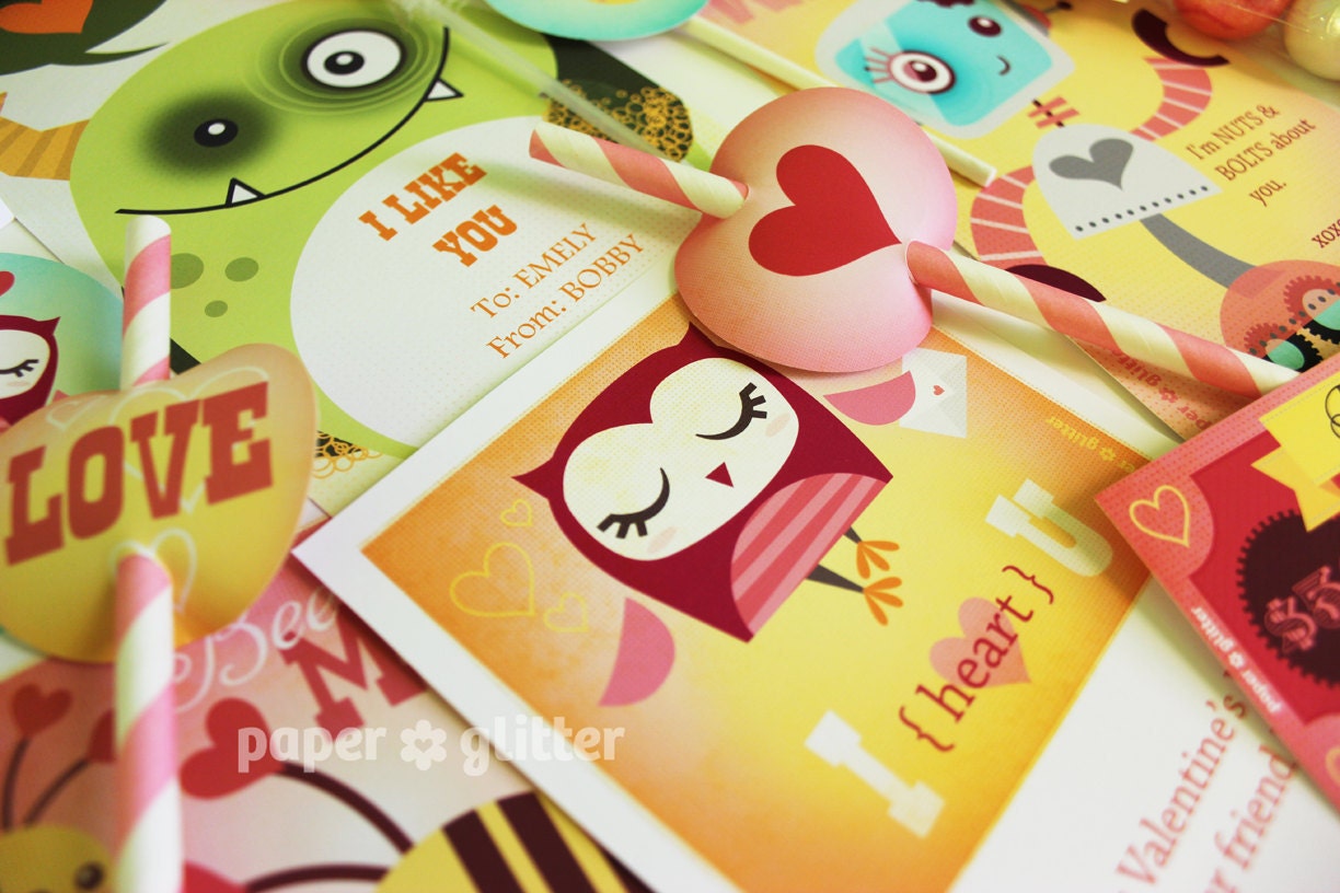 Valentine Cards Party & School Printables of Bag Toppers, Chocolate Labels, Gift Wrapping, DIY Paper Craft, with Editable Text 0106