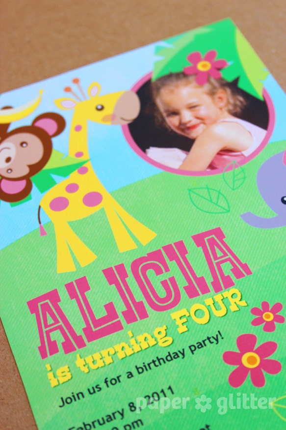 Safari Jungle Animal Zoo Party Invitation for girly birthday or baby shower, Invite or Thank You Card with PHOTO Printable PDF or JPG