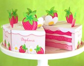 Strawberry Shortcake Paper Cake Slice in PINKS favor baking party box printables - Editable Text Printable PDF 1053