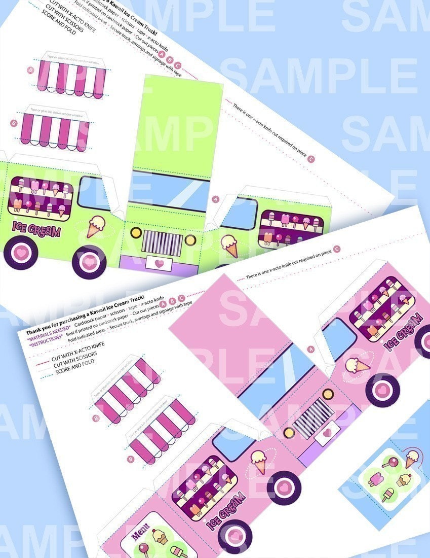 Paper Ice Cream Trucks Toy Kawaii PDF Printable - 0017