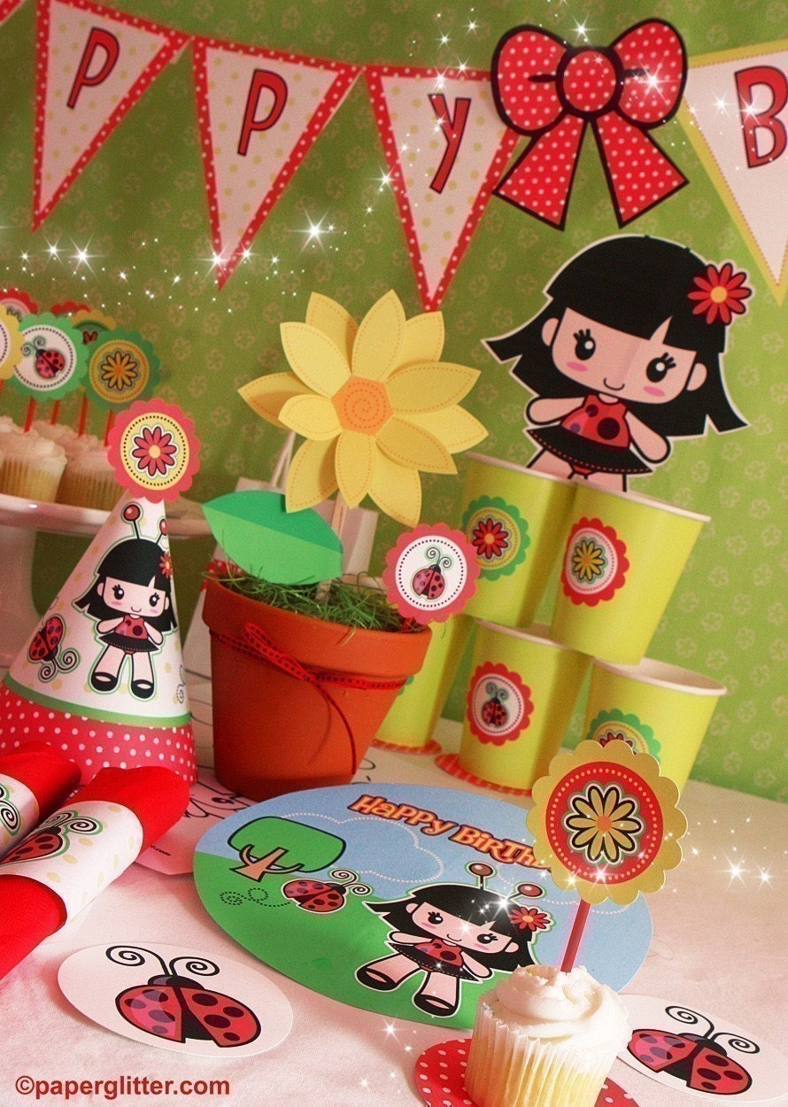 Ladybug Garden Summer Party Invitation and Kit , Kawaii Printable Decoration Supplies for Birthday Girl - Party Kit PDF Complete Set 0074