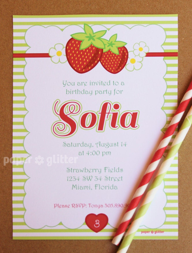 Strawberry Party Invitation for birthday or baby shower, not strawberry shortcake Invite or Thank You Card Printable PDF or JPG