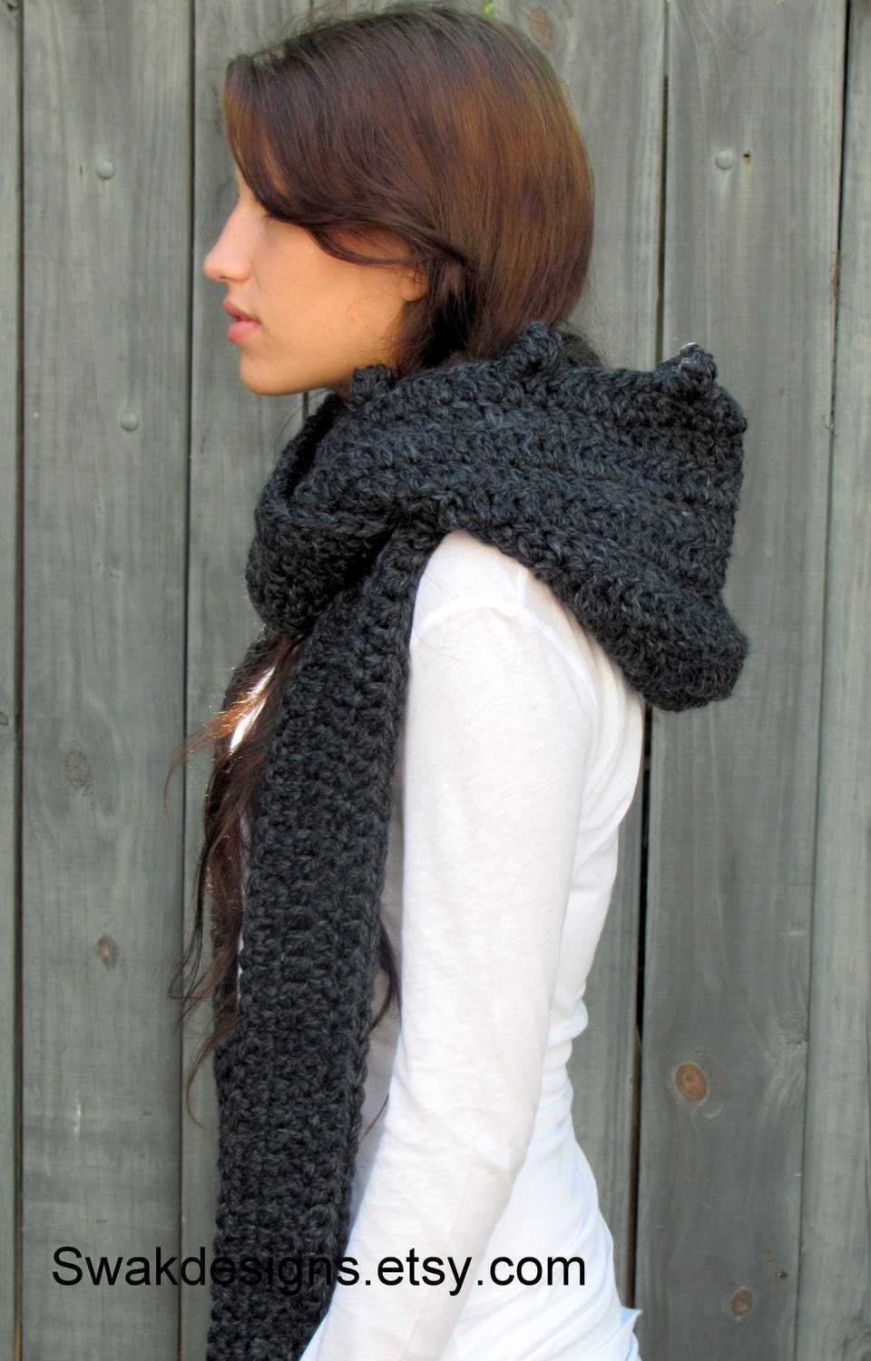 Hooded Scarf  Scoodie Messenger Scarf Long Wool Scarf - Charcoal Gray or Choose Your Color