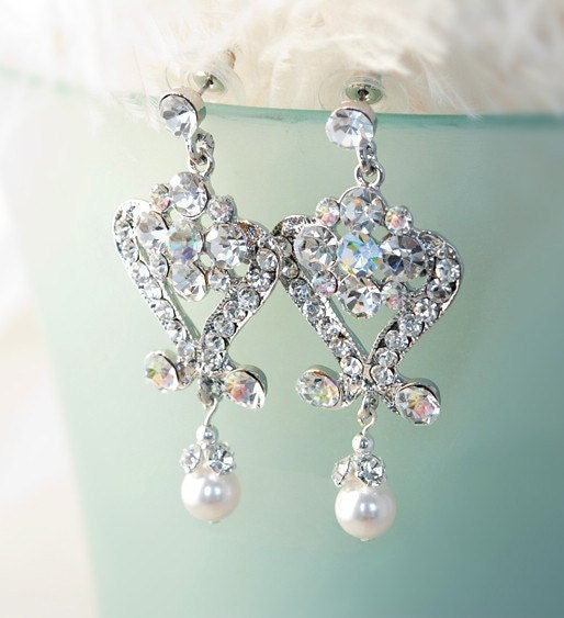 Ornate Crystal Rhinestone Pearl Chandelier Dangle Earrings - Mika