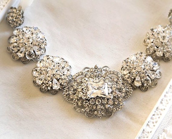 Bridal Rhinestone Statement Ribbon Necklace -- Crystal Wedding Brooch Necklace Vintage Style - wedding jewelry - Isabel