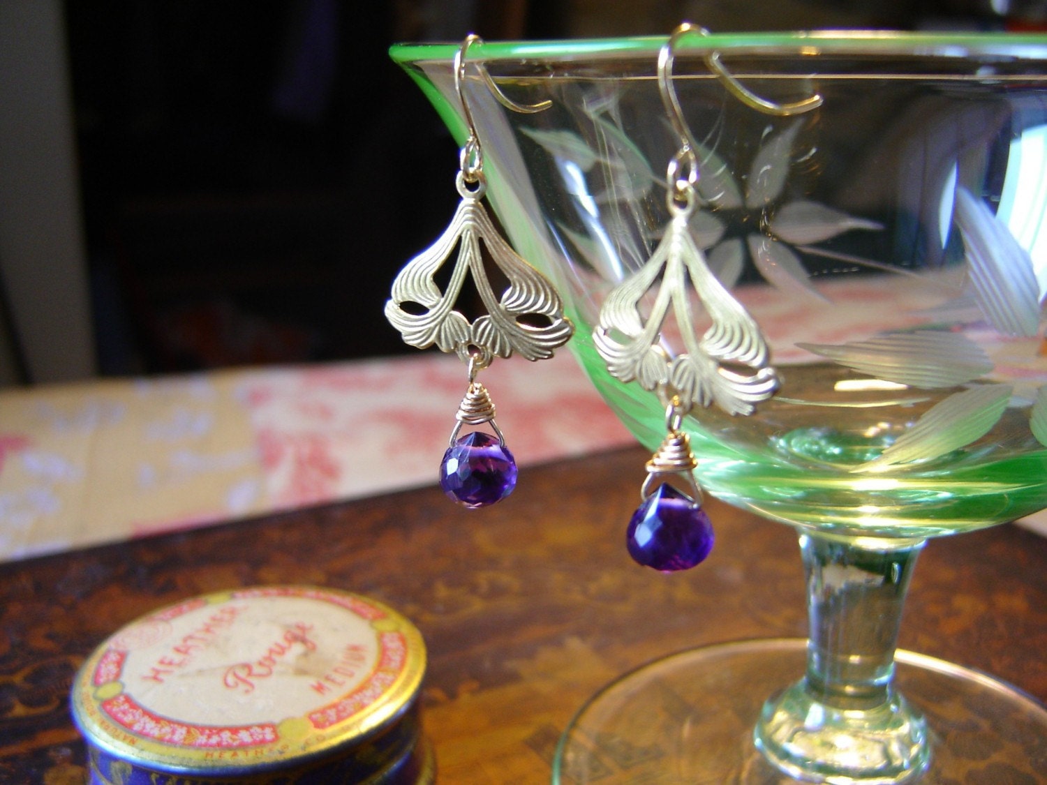 Amethyst Earrings: Art Nouveau Earrings, Purple Amethyst, Briolette Earrings, Gold Plated Hooks, Boho Jewelry by AlpineGypsy on Etsy