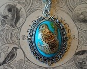 Owl Necklace: Blue Vintage Cameo, Long Silver Chain, White Rosary Beads, Bohemian Woodland Jewelry by AlpineGypsy on Etsy