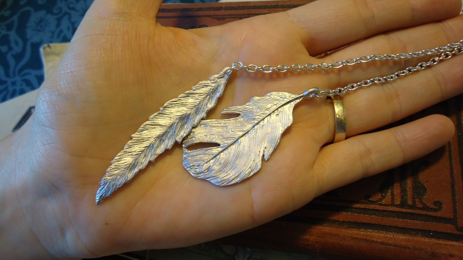 Lariat Necklace: Silver Willow Leaf, Silver Feather, Bright Silver Chain & Matte Charms, Boho Modern Jewelry by AlpineGypsy on Etsy