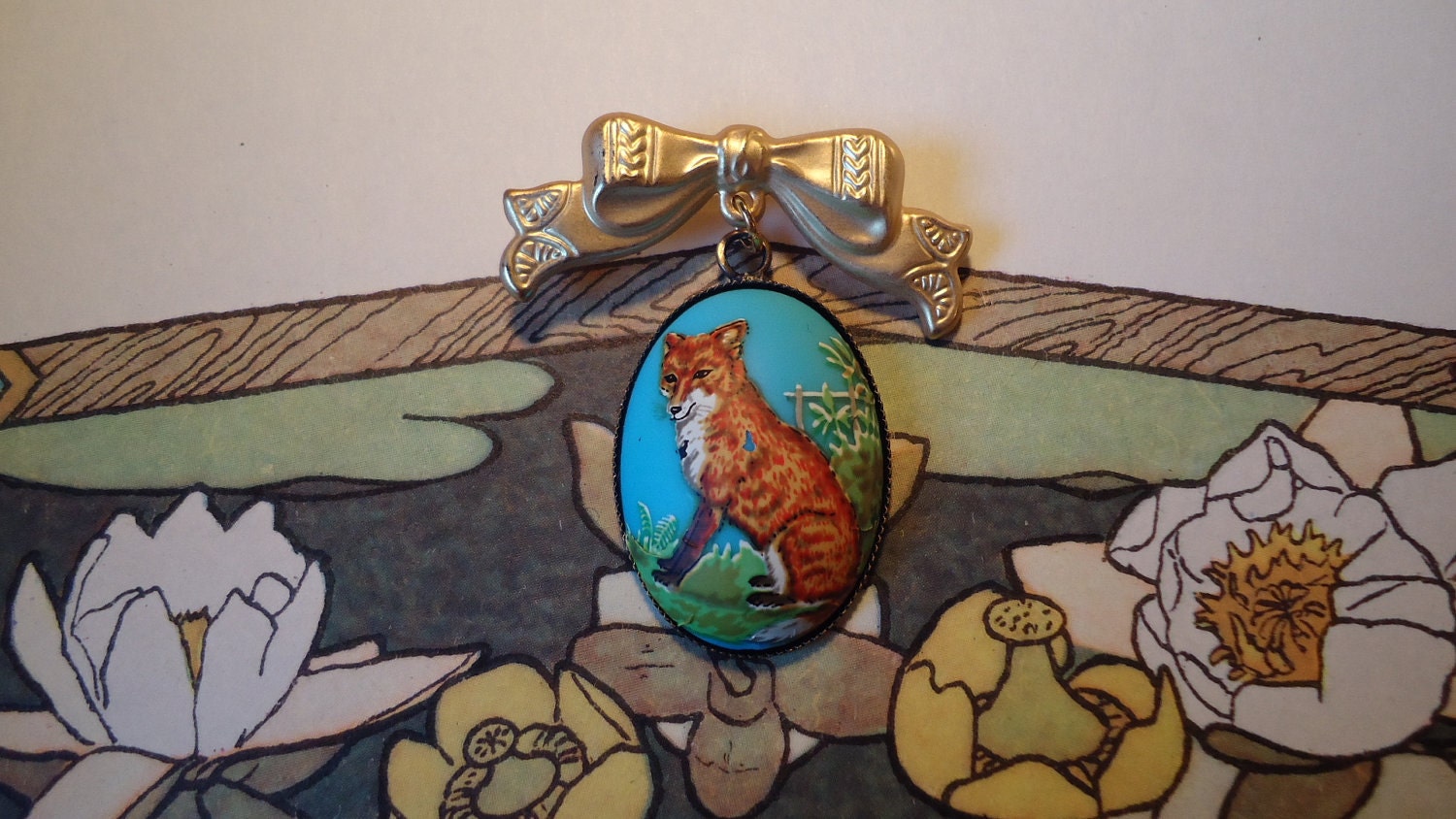 Fox Brooch: Turquoise Blue, Vintage Woodland Cameo, Gold Bow, Boho Folk Jewelry by AlpineGypsy