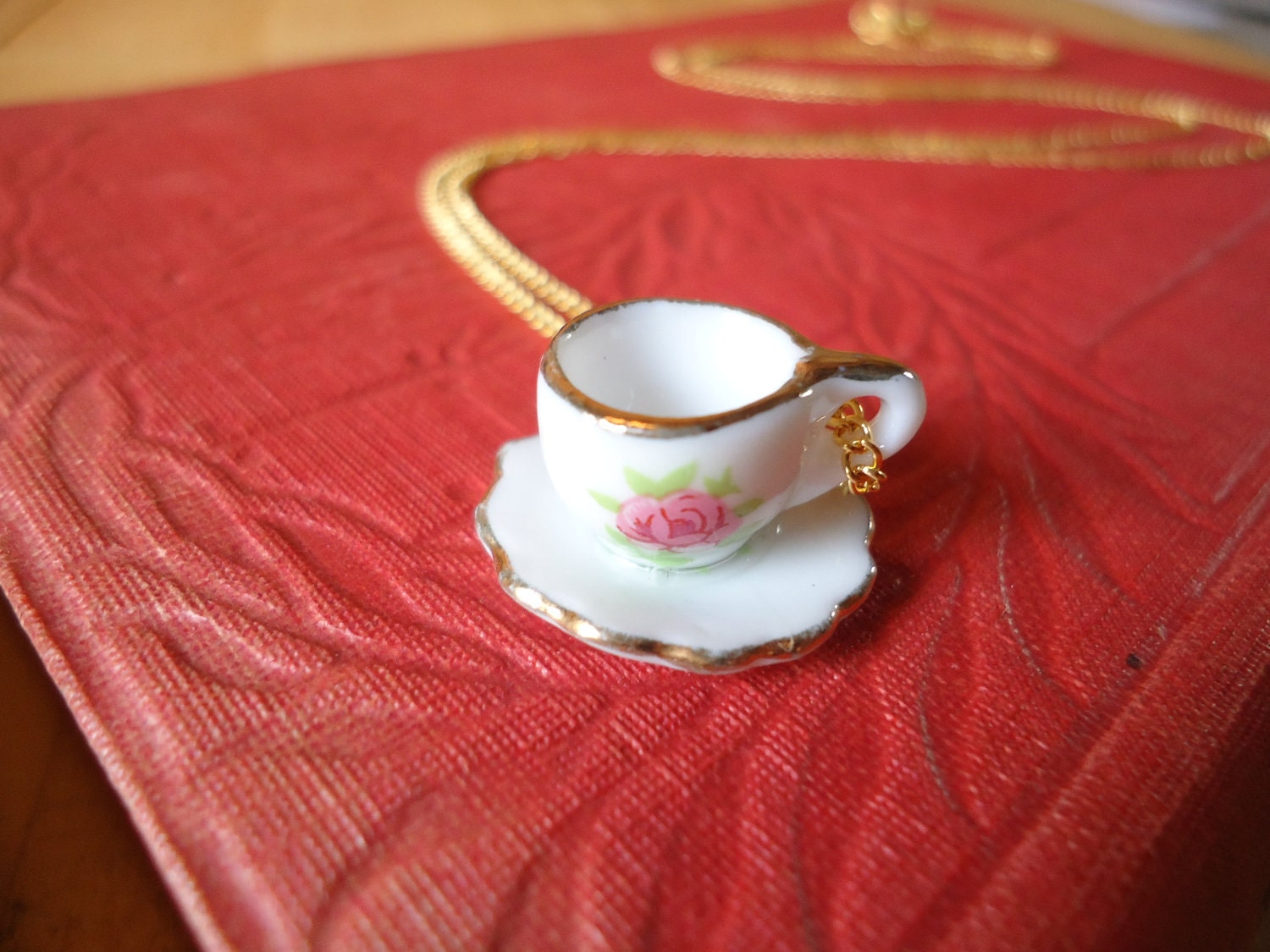 Teacup Necklace: Pink Rosebud Teacup and Saucer, Gold Chain, Porcelain Tea Set, Japanese Kawaii, Hipster Jewelry by AlpineGypsy on Etsy