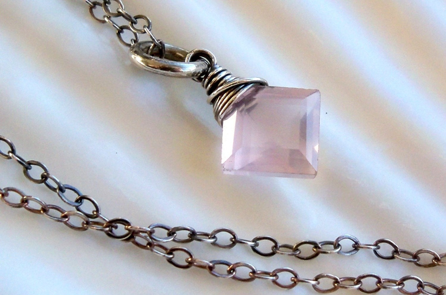 Pastel pink rose quartz gemstone wire wrapped solitaire briolette necklace - Spring Fashion - sterling silver handmade jewelry