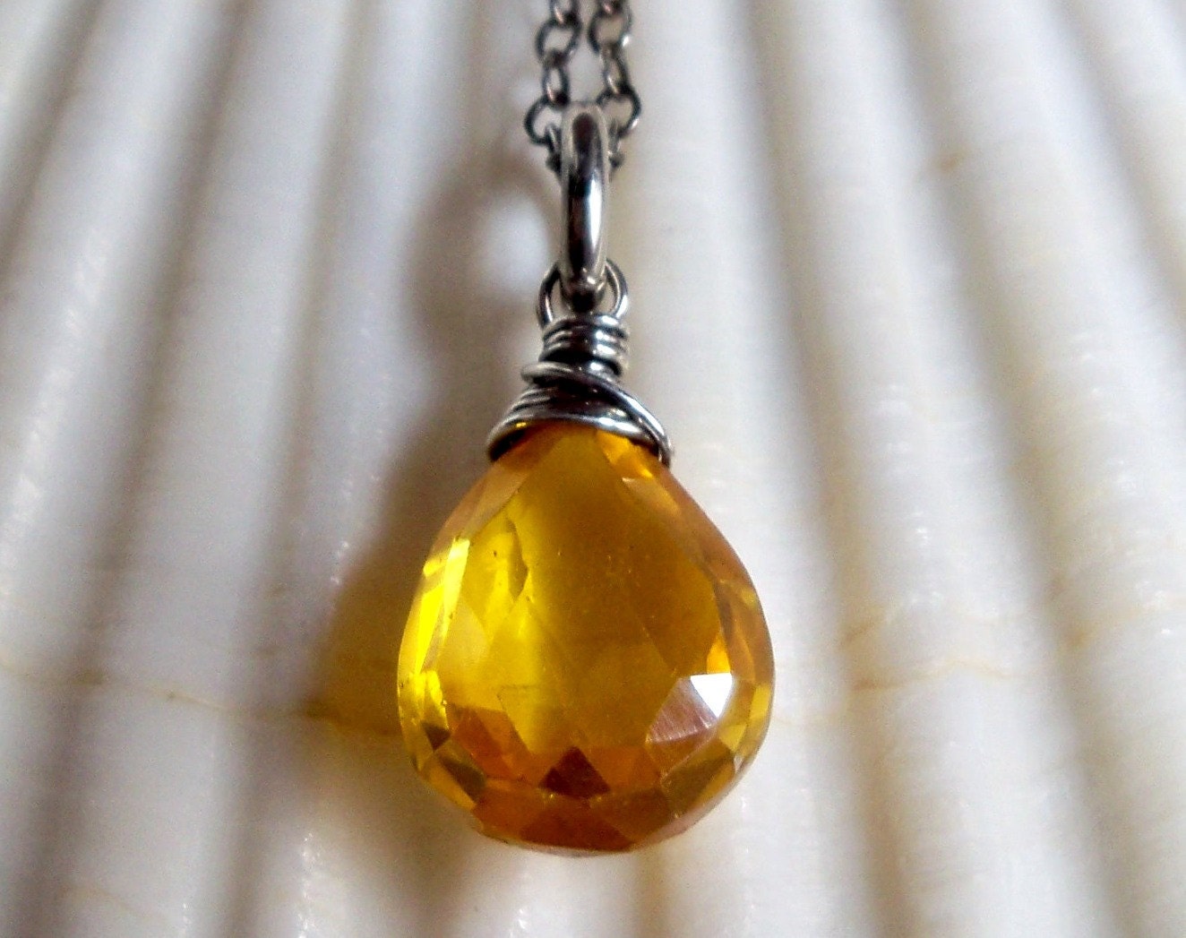Bright sunshine canary yellow zircon wire wrapped briolette gemstone necklace - Spring fashion - handmade sterling silver jewelry