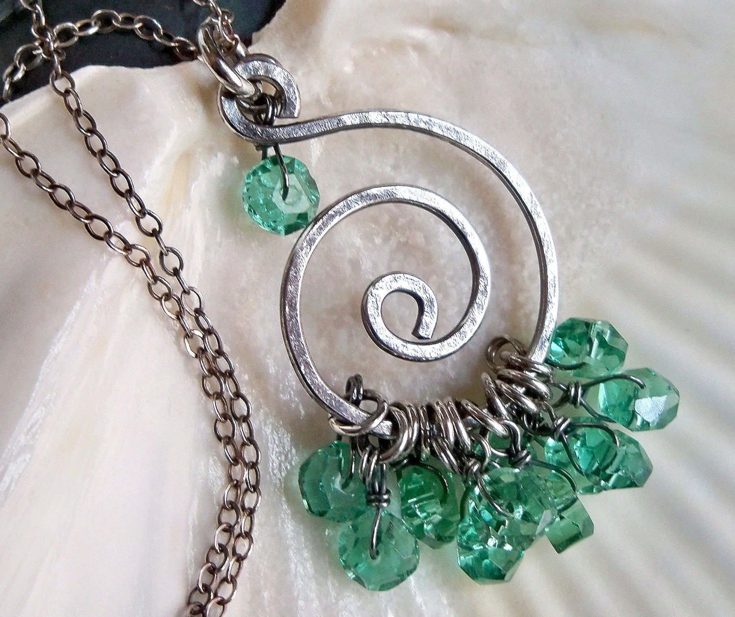 Hammered sterling silver spiral teal blue green faceted glass necklace - Holiday accessories - handmade jewelry