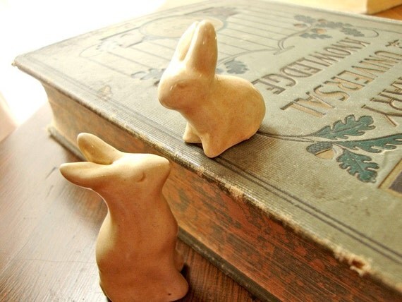 Two Bunny Rabbits mama and baby miniature ceramic sculptures
