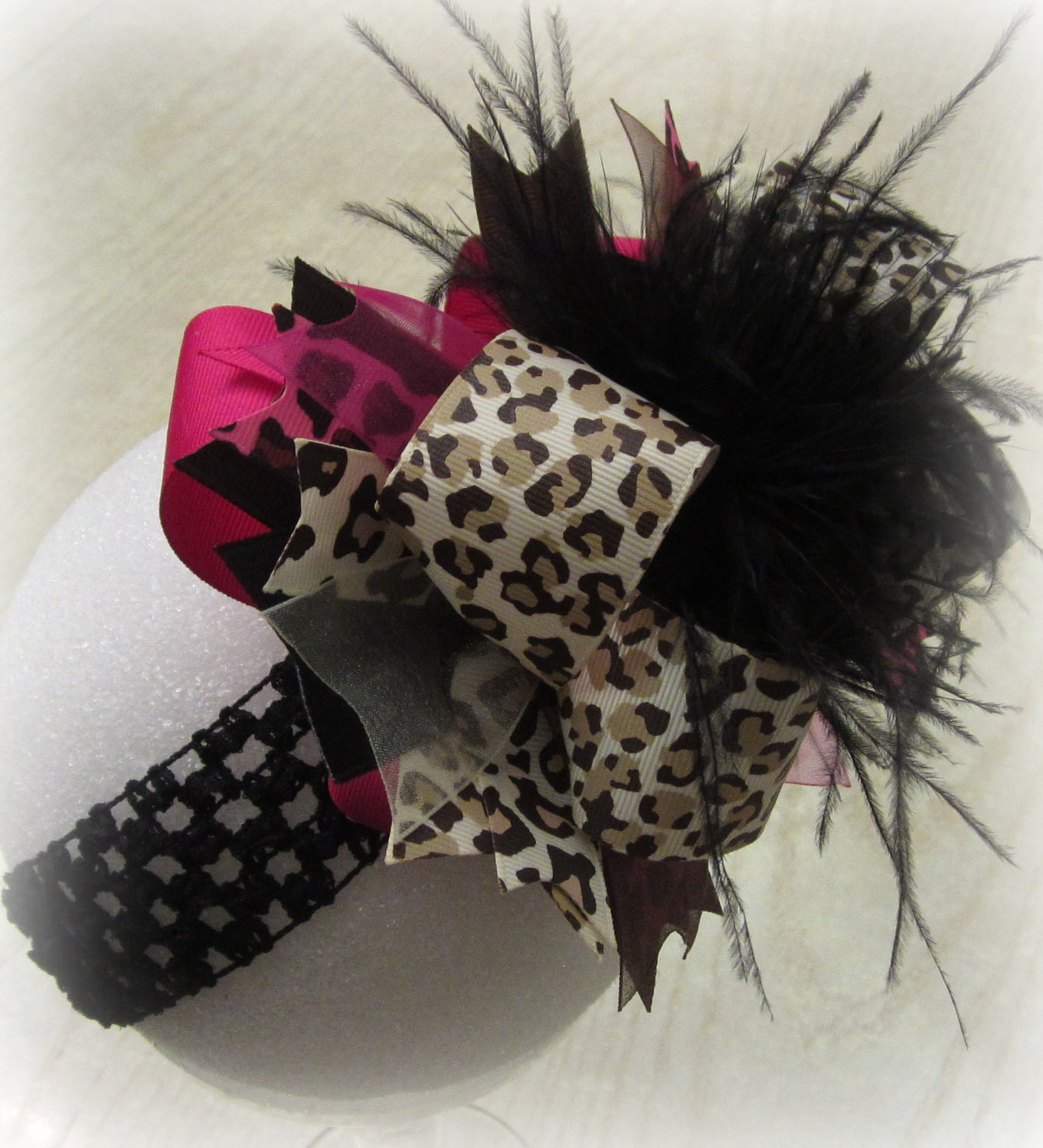 Leopard Cheetah Over the Top Ostrich Feather Hair Bow Boutique Pageant Party Hairbow Pink Brown Large Feathers Matching Headband Included