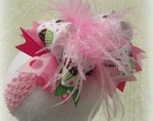 Happy Birthday Over the Top Ostrich Feather Hair Bow Boutique Pageant Party Hairbow Pink Cupcake Large Feathers Matching Headband Included