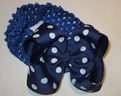 Royal Blue Dot Puffy and Sassy Boutique hair bow with White Stretch headband (included)