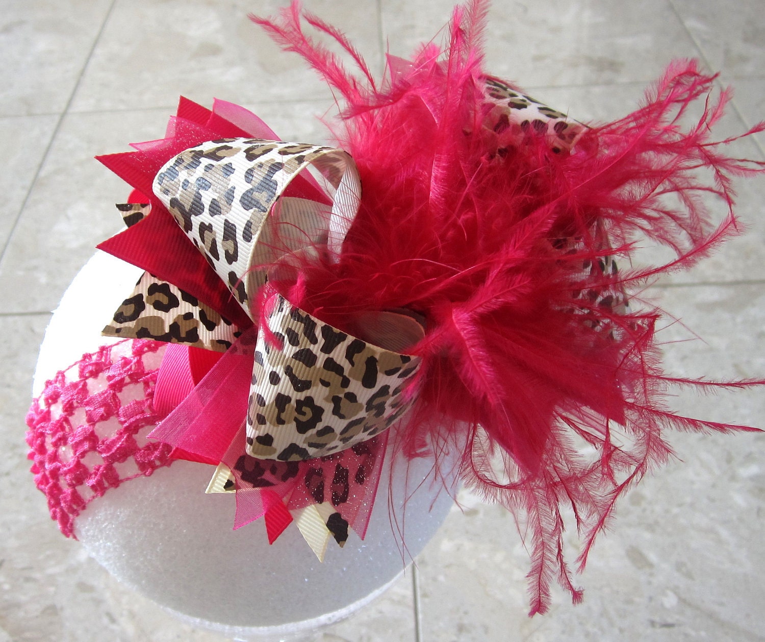 Leopard Shocking Pink Over the Top Ostrich Feather Hair Bow Boutique Pageant Party Hairbow Large Feathers Matching Headband Included