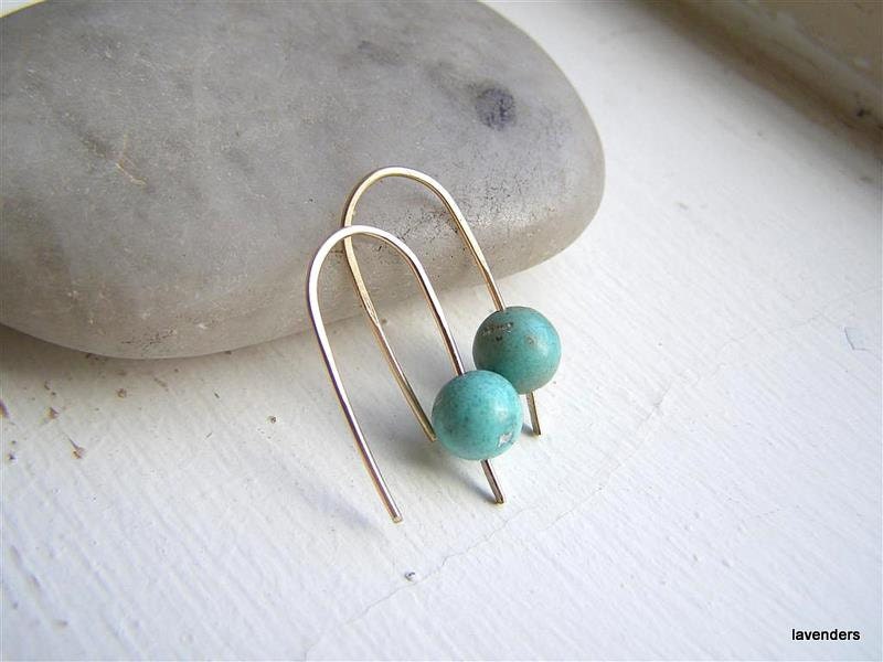 Turquoise Earrings , Mini Gold Fill Hook Earrings , modern minimalist , December Birthday