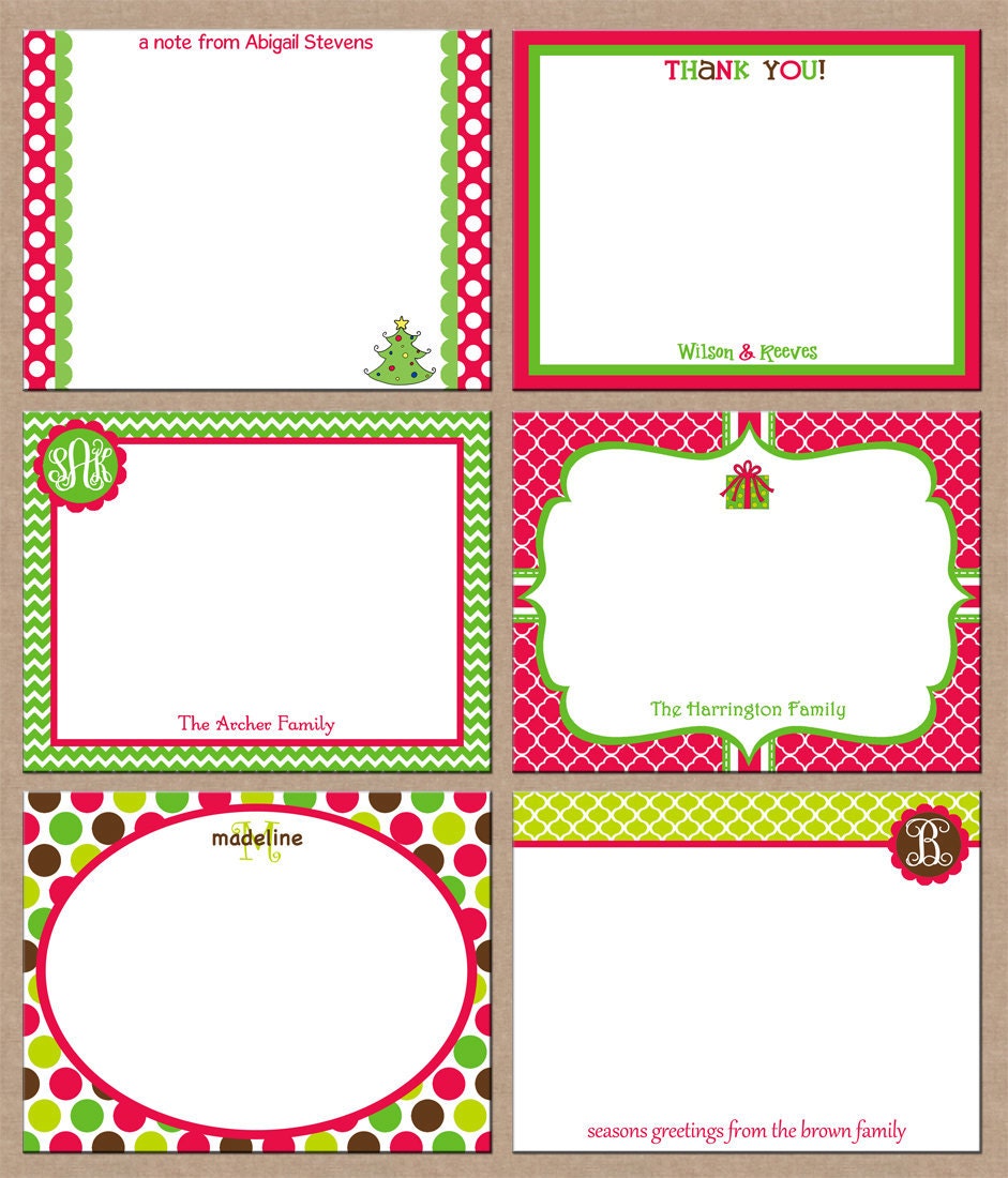 12 Personalized Holiday / Christmas Flat Note Cards with Envelopes - Design your own - Choose ONE DESIGN