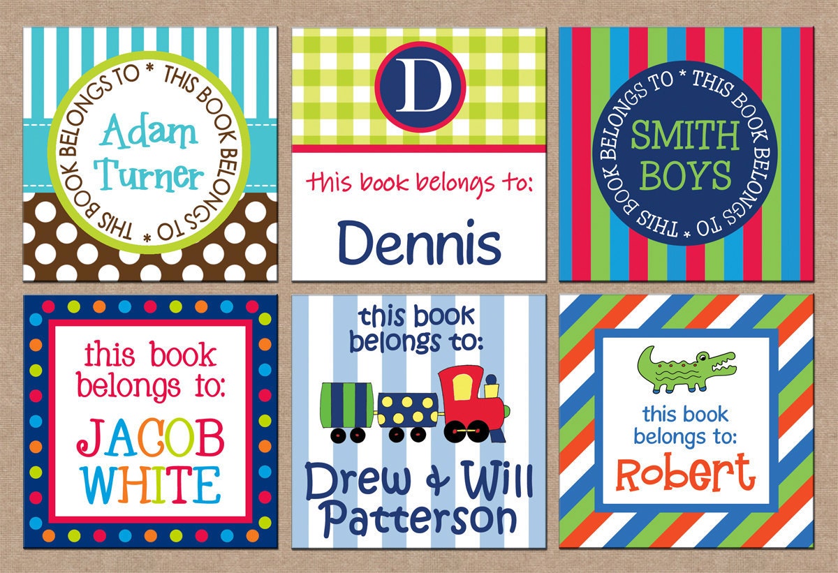 24 Square Personalized Boy Book Plates Bookplate Stickers Labels - Choose ONE DESIGN
