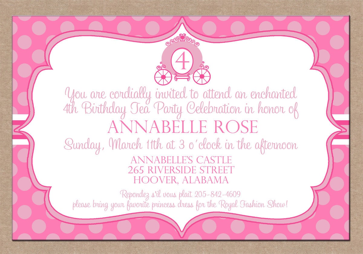 12 Personalized Printed Girl Pink Princess Carriage Party Birthday Invitations with envelopes