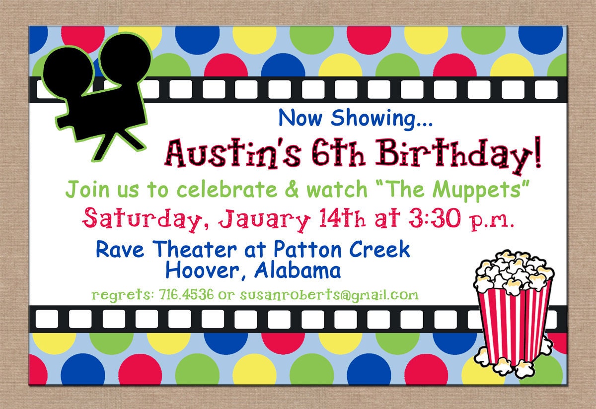 12 Personalized Printable Boy Movie Theater Theatre Birthday Invitations and envelopes