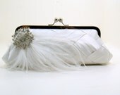 Woven Silk with Crystal brooch and feathers - White