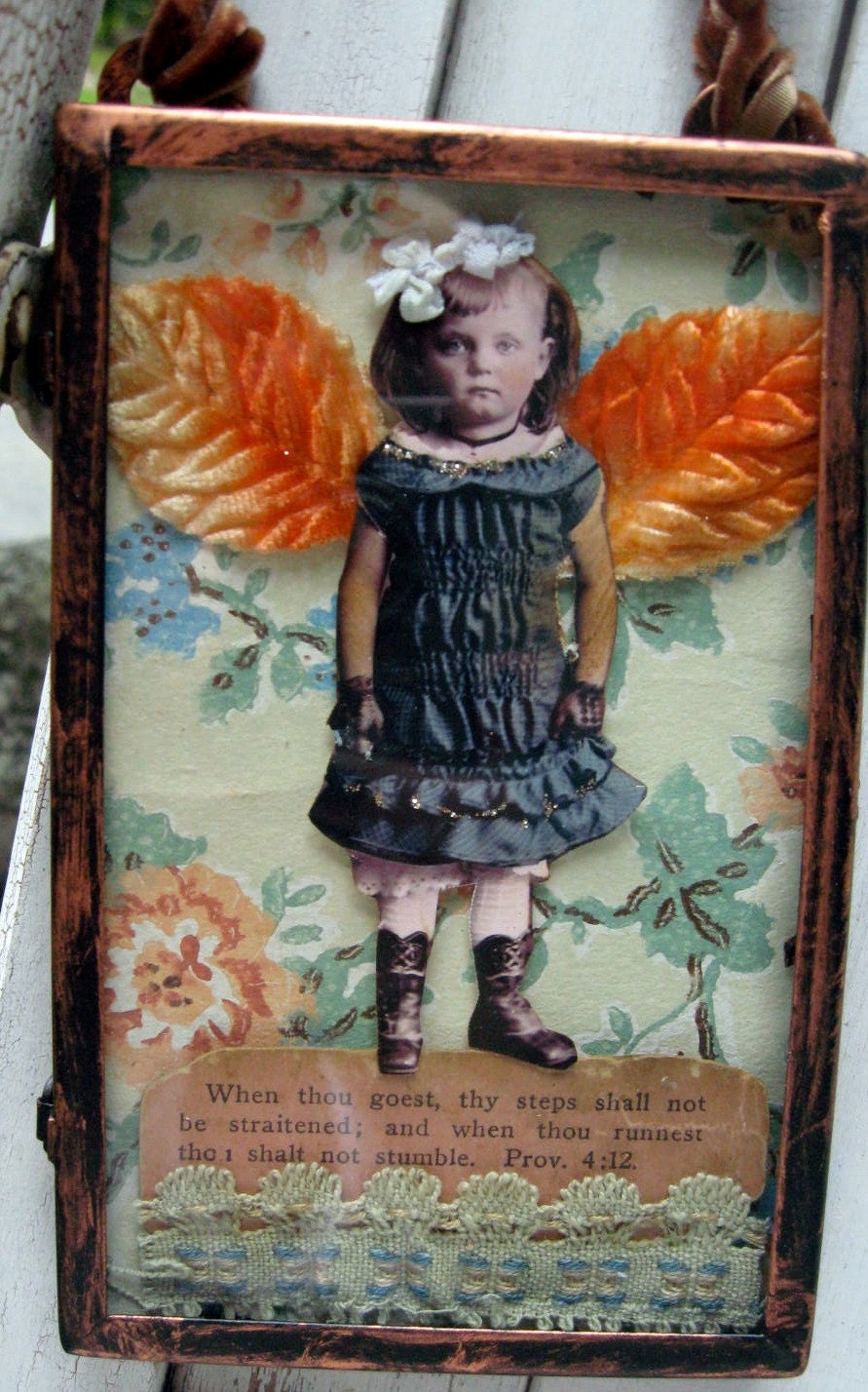 Mixed media original, fairy shadowbox, sweet angel with vintage wallpaper, antique gospel card