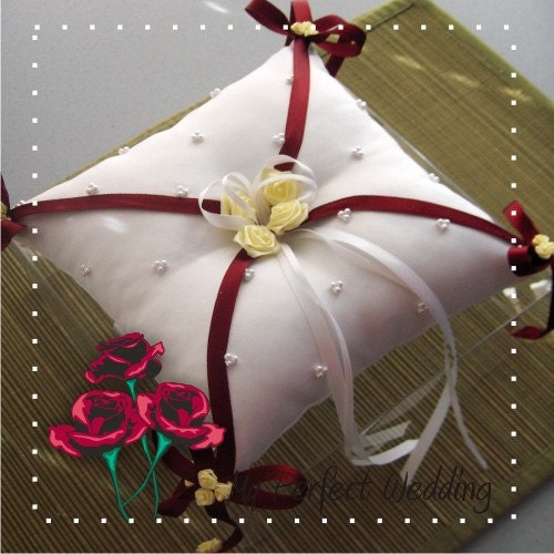 White Ring Bearer Pillow - White and Wine Satin Ribbon and Yellow Ribbon Roses