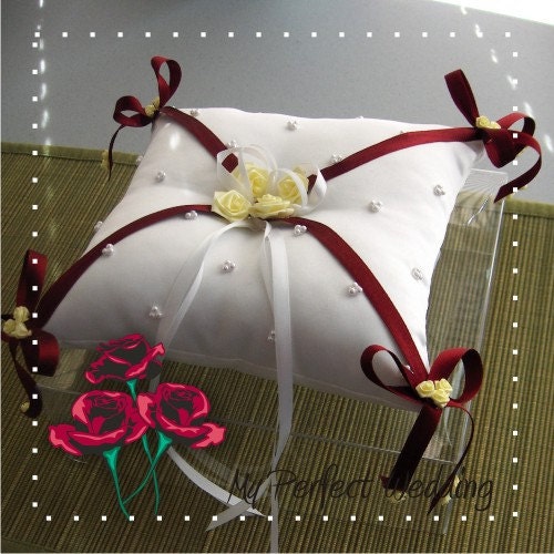 White Ring Bearer Pillow - White and Wine Satin Ribbon and Yellow Ribbon Roses