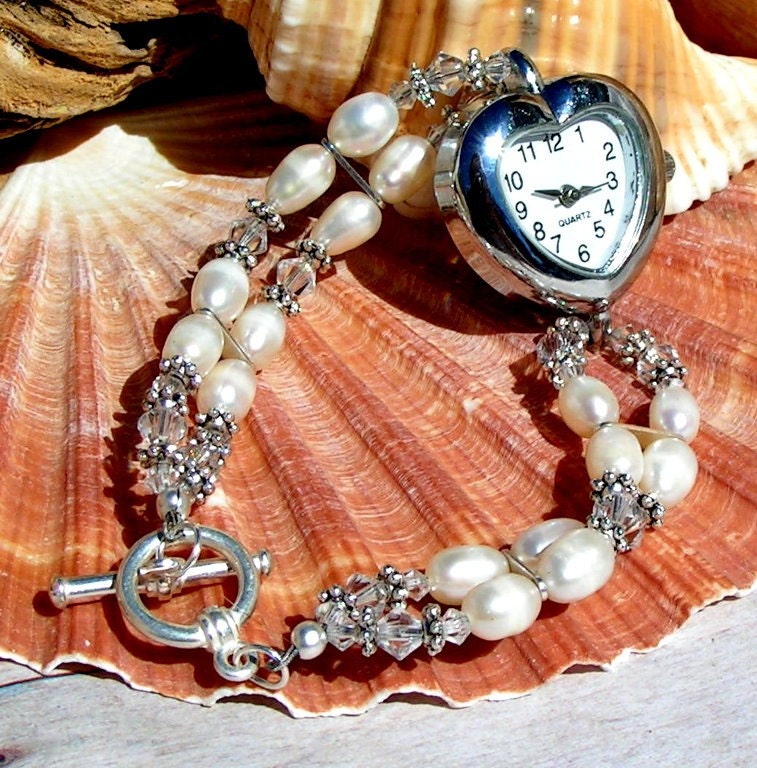 Heart Silver Watch, Pearl, Crystal - W091