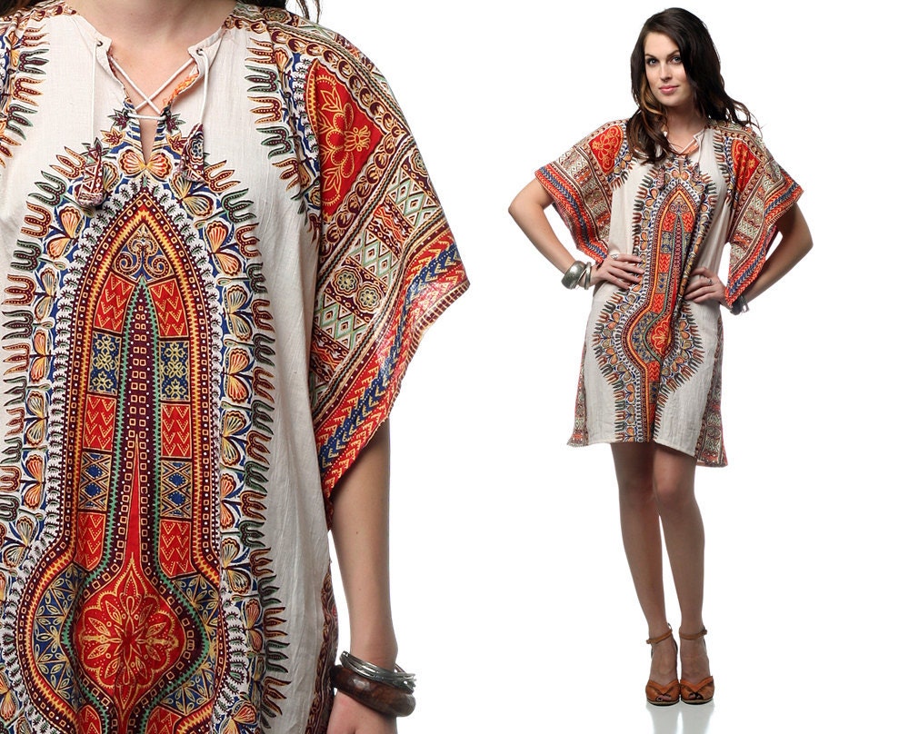 Dashiki 70s Dress Bell Sleeve Caftan Beige Hippie Mini Tunic S M L Small Medium Large