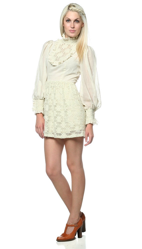 60s Lace Bib Dress Crochet Ruffle Hippie Boho Victorian Mod Babydoll Mini 1960s Vintage Extra Small XS