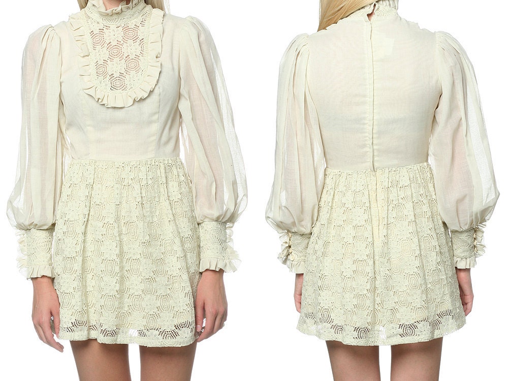 60s Lace Bib Dress Crochet Ruffle Hippie Boho Victorian Mod Babydoll Mini 1960s Vintage Extra Small XS