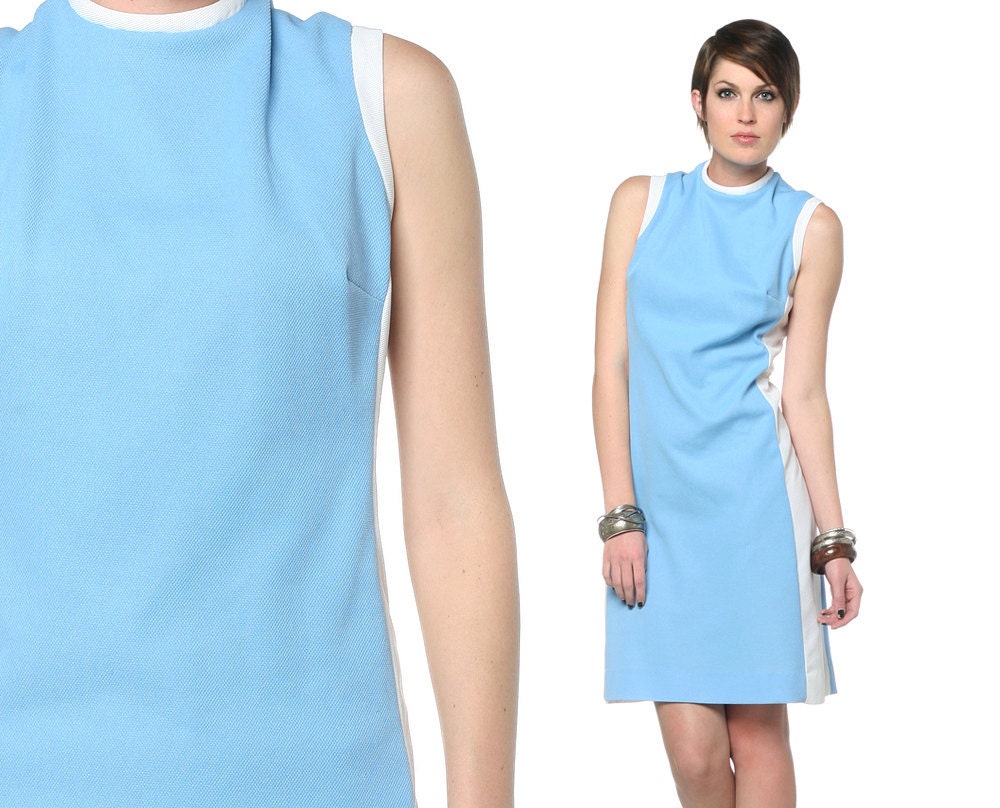 Mod Shift Dress 60s Mini Baby Blue Space Age 1960s Scooter White Twiggy Vintage A Line Sleeveless Go Go Sixties Plus Size Extra Large L XL