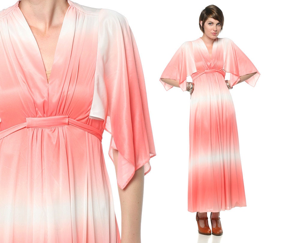 Ombre 70s Maxi Dress Flutter Sleeve Pink White 1970s Disco Empire Waist Deep V Draped Gradient Striped Vintage Dress Small Medium S M