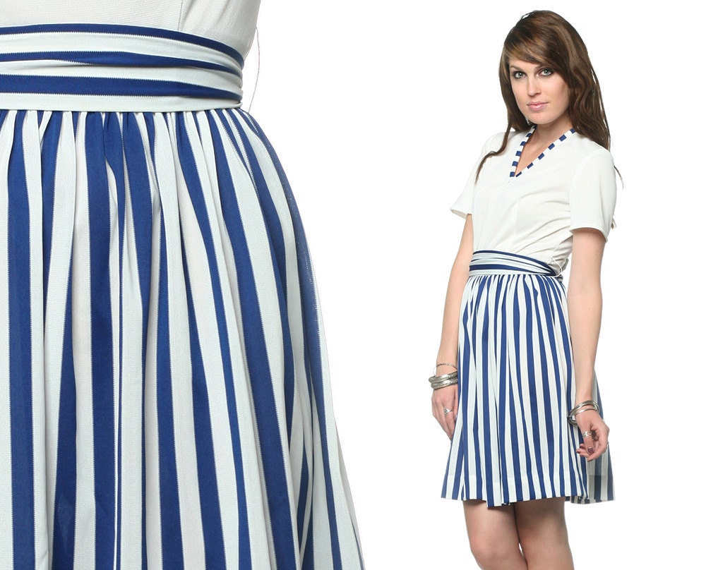 Mod Striped Dress 60s Mini Navy Blue and White 1960s Nautical V Neck High Waist Belted Short Sleeve Indie Preppy MiniDress Extra Small XS