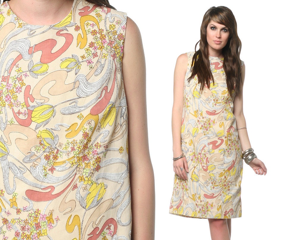 60s Shift Dress Abstract Print MOD Yellow Brown Floral Swirl 1960s Sleeveless Tunic Vintage Twiggy Knee Length Plus Size Extra Large L XL