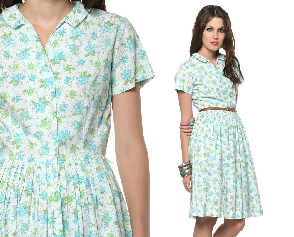 Floral Day Dress 60s Pleated Shirt White Green 1960s Cotton Indie Mad Men Button Up Short Sleeve Vintage Collar Mini ShirtDress Small S