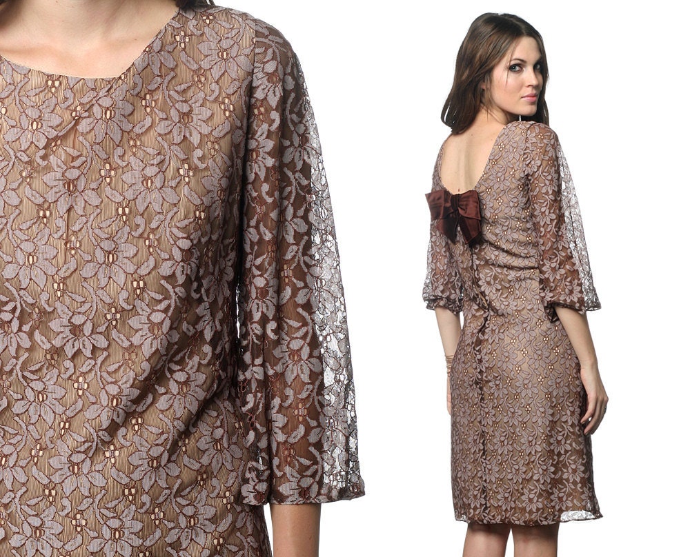 Lace Party Dress 1960s Cocktail Bow Brown Mini 60s Mad Men Mod Shift Formal Sheer Long Sleeve Romantic Formal Evening Prom Extra Large L XL