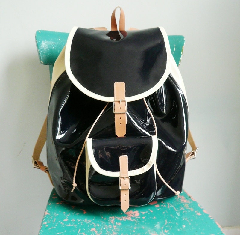 Navy Cream Patent Leather Backpack FREE UK SHIPPING