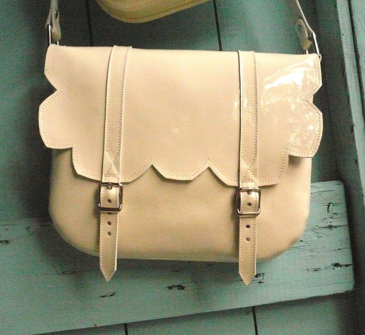 Cream Patent Leather Scallop Satchel FREE UK SHIPPING
