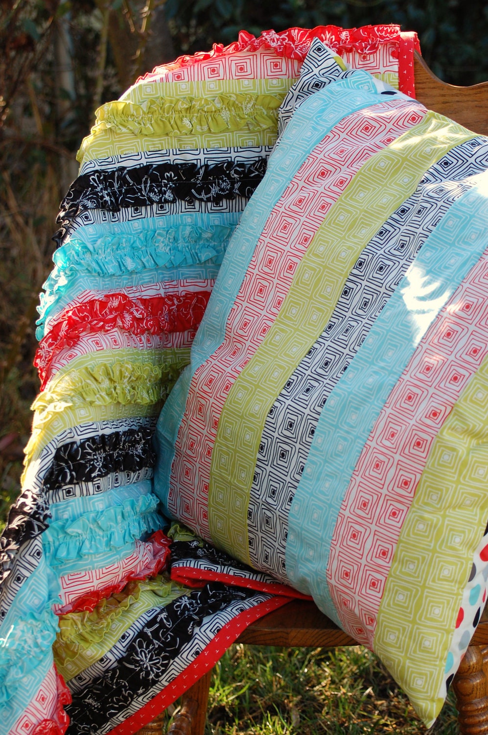 SpringTime Quilt and matching oversized pillow cover set made from Summertime fabrics RUFFLES & DOTS