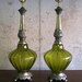 cicra 1960s PAIR of GLASS LAMPS. moss green and brass.